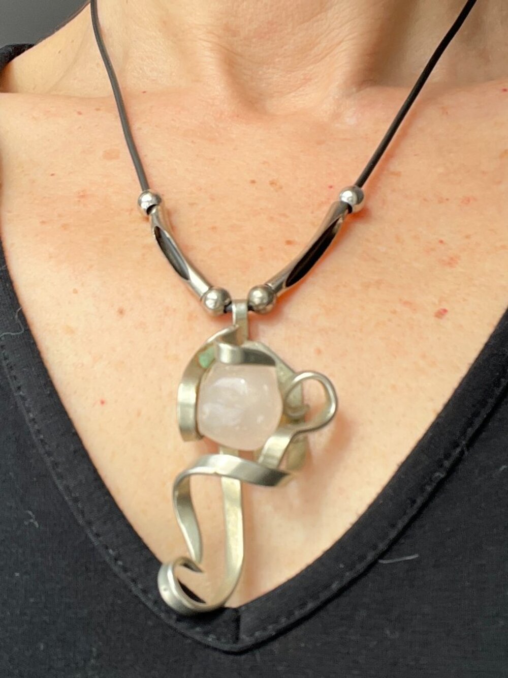 Artisan Upcycled Fork Necklace Rose Quartz Silver Statement Pendant Folk Art